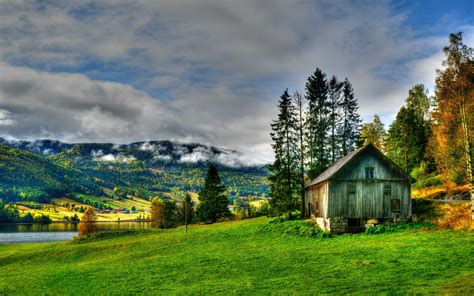 Landscape Nature Hut Lake Grass Fall Trees Hdr