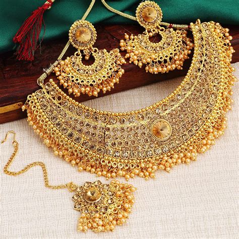 sukkhi glamorous lct gold plated wedding jewellery pearl choker necklace set combo for women