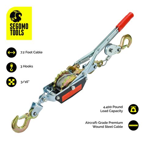 Segomo Tools 2 Ton Heavy Duty 3 Hook Steel Cable Dual Gear Power Ratch