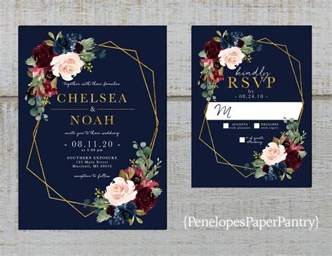 Elegant Navy Floral Geometric Frame Fall Wedding Invitation Burgundy
