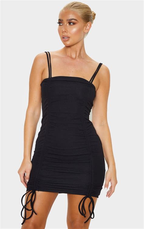 Black Ruched Front Strappy Bodycon Dress Prettylittlething Usa