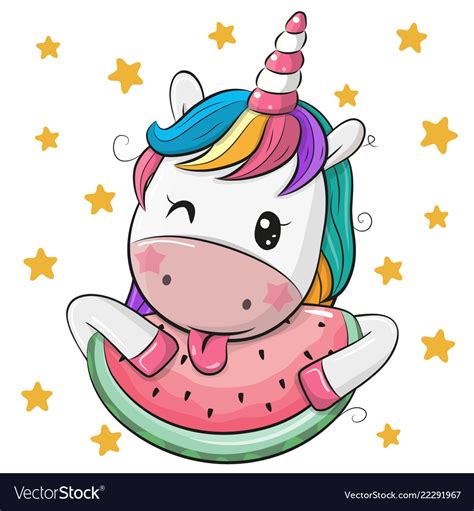 Cute Cartoon Unicorn With Watermelon Royalty Free Vector