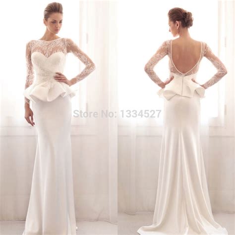 New Gorgeous Peplum Wedding Dresses Long Sleeve Lace Floor Length Satin