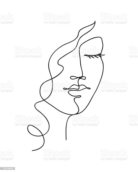 Abstract Woman Face With Wavy Hair Black And White Hand Drawn Line Art