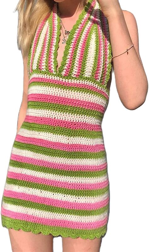 Women Sexy Hand Crochet Knitted Short Dress Halter Neck Hollow Mini Dresses Streetwear Beach