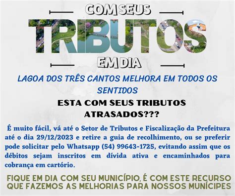 Contribuintes em atraso com seus tributos municipais em Lagoa dos Três Cantos devem procurar a