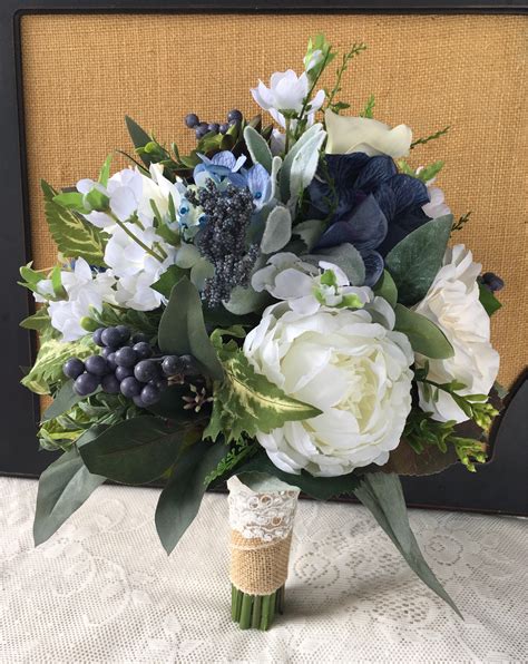 Faux wedding bouquets in navy blue flowers and eucalyptus greenery. Wedding bouquetGreenery Bridal bouquet Succulent