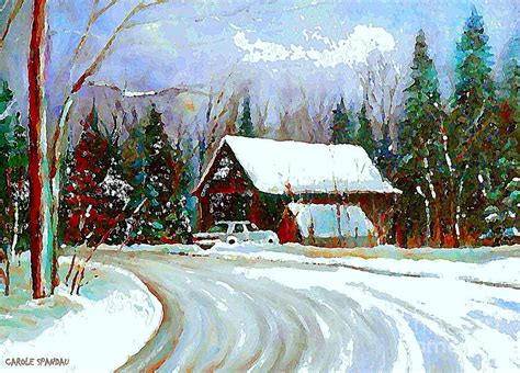 Christmas Trees Cozy Country Cabin Painting Winter Scene