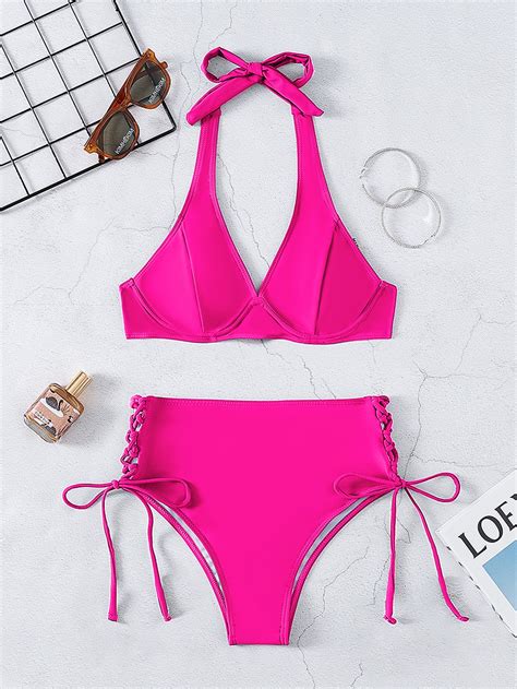 Lace Up Halter Underwire High Waisted Bikini Swimsuit Shein Usa