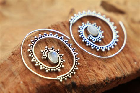 Moonstone Spiral Earrings Tribal Crystal Earrings Twist Earrings