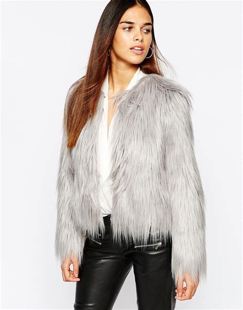 Warehouse Faux Fur Coat In Grey Gray Lyst