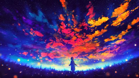 Anime Girl Colorful Sky Grass Field Bokeh Background Hd Anime Girl