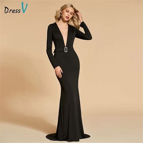 Buy Dressv Black Evening Dress V Neck Sext Mermaid Long Sleeves Floor Length