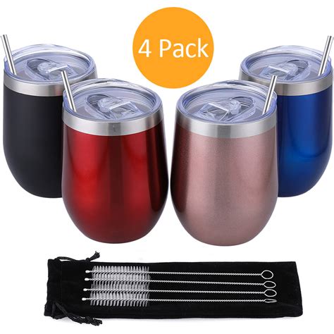 stainless steel wine glass with straws set insulated wine tumbler 12 oz stemless wine glasses