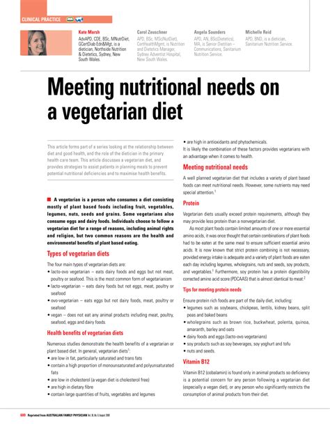 Pdf Meeting Nutritional Needs On A Vegetarian Diet