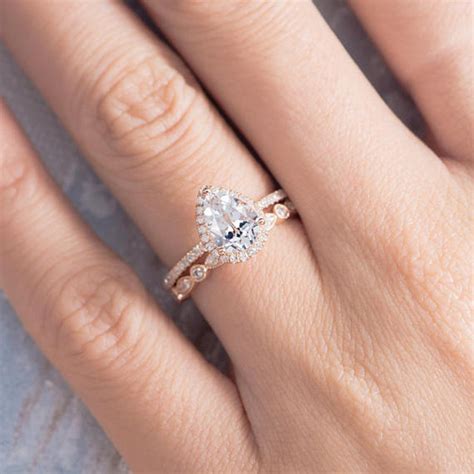 Pear Shaped Engagement Ring Wedding Band Women Set Rose Gold White