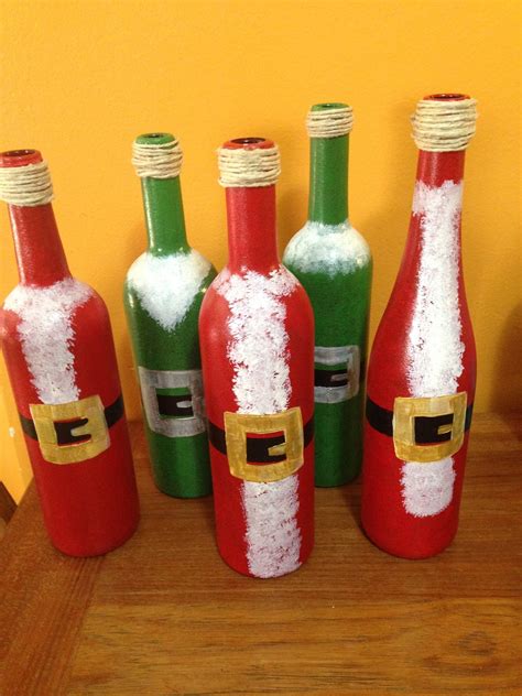Christmas Santa And Elf Hand Painted Glass Wine Bottles By Debbie