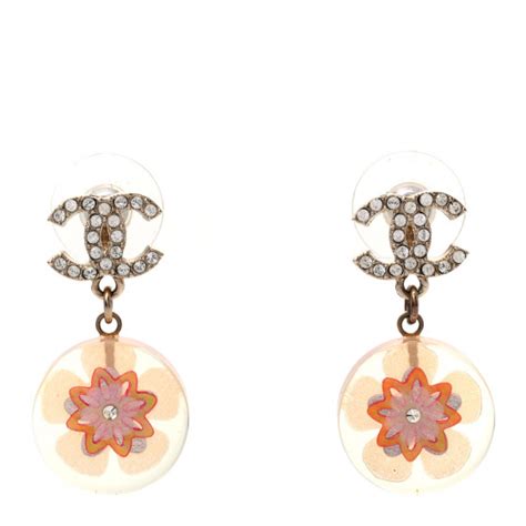 Chanel Resin Crystal Cc Flower Drop Earrings Gold Transparent Pink