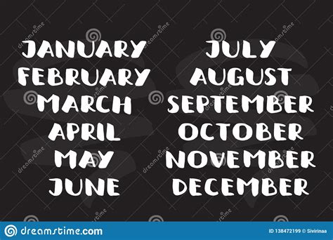 Handwritten Names Of Months Calendar Template Bold Font Stock Vector