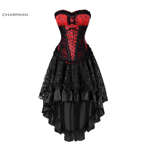 Charmian Womens Sexy Gothic Victorian Steampunk Corset Dress Set Steel