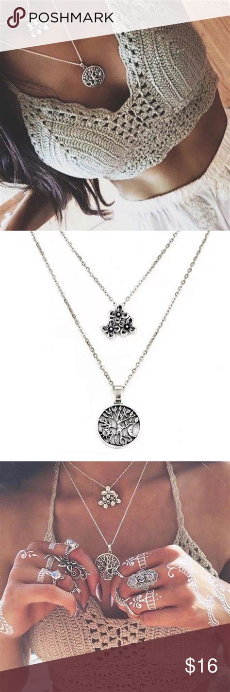5 For 25 Silver Color Layered Medallion Necklace Silver Color Two Layer Flower And Tree