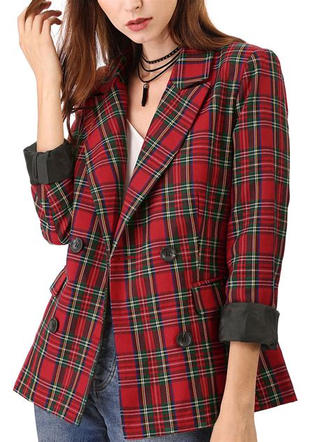 Allegra K Allegra K Women S Notched Lapel Double Breasted Plaid