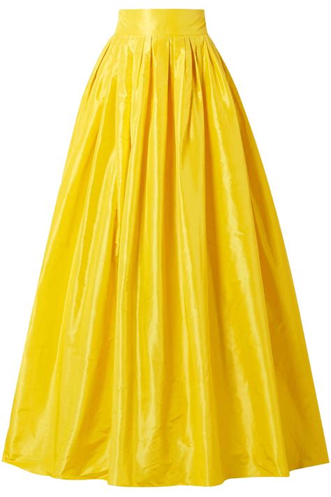 Carolina Herrera Flared Pleated Silk Taffeta Maxi Skirt Yellow Lyst
