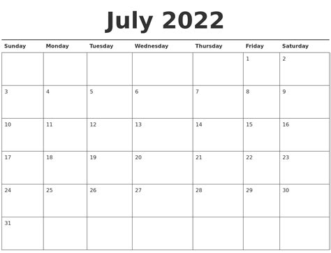 July 2022 Calendar Printable