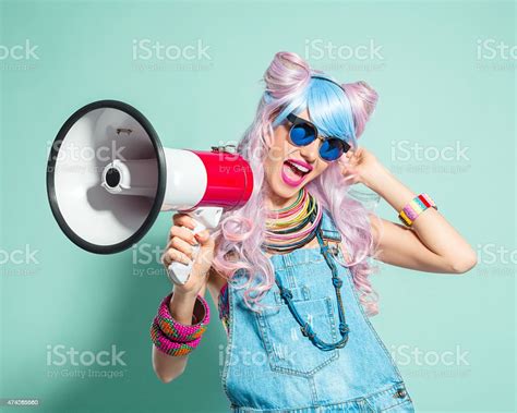 Pink Hair Girl In Funky Manga Outfit Screaming Into Megaphone Stock