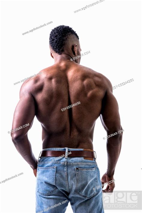 African American Bodybuilder Man Naked Muscular Back Wearing Jeans