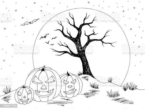 Grafik Lanskap Halloween Hitam Putih Pohon Mati Sketsa Ilustrasi Vektor