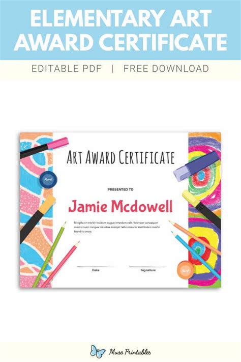 Free Elementary Art Award Certificate Template Awards Certificates