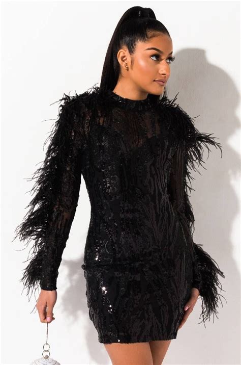 akira label sheer sequin and feather embellished sheer mini dress in black sheer mini dress