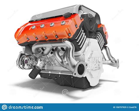 Car Engine Cast Iron Red With Starter 3d Render On White Background