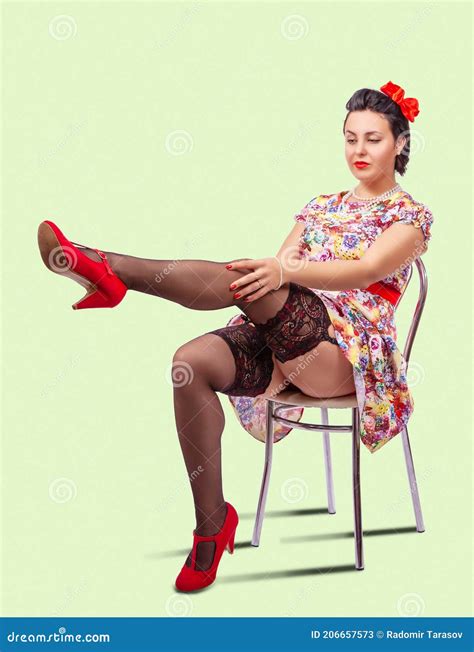 Woman Straightens Her Stocking Stock Image Image Of Girl Lady