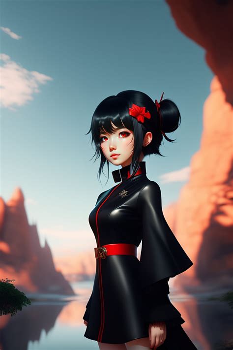 Lexica Cute Anime Girl With Red Eyes Black Hair Wearing Black Red Outfit Costume Black Hair