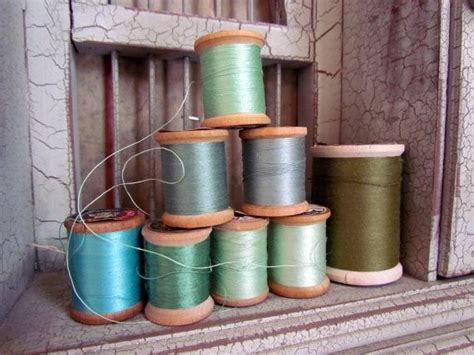 Vintage Wooden Thread Spools In Shades Of Green Shabby Chic Sewing