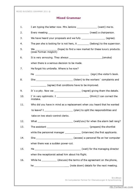 Business English Grammar Worksheets Worksheets For Kindergarten