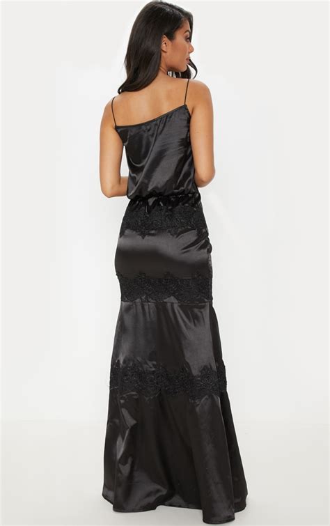 Black Lace Trim Satin Tiered Dress Dresses Prettylittlething