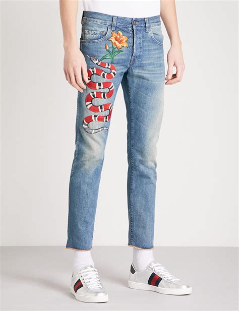 Gucci Snake Embroidered Straight Cropped Jeans In Blue For Men Lyst
