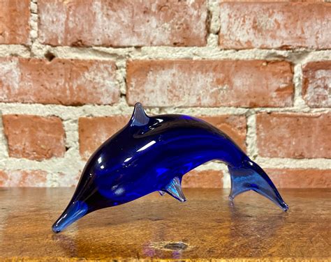 Vintage Cobalt Blue Glass Dolphin Figurine Handmade Blown Etsy