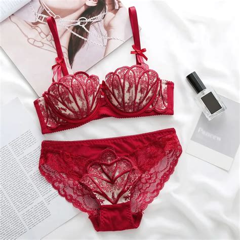 sexy embroidery red lingerie sets seamless lace shell bra set underwear women half cup padded