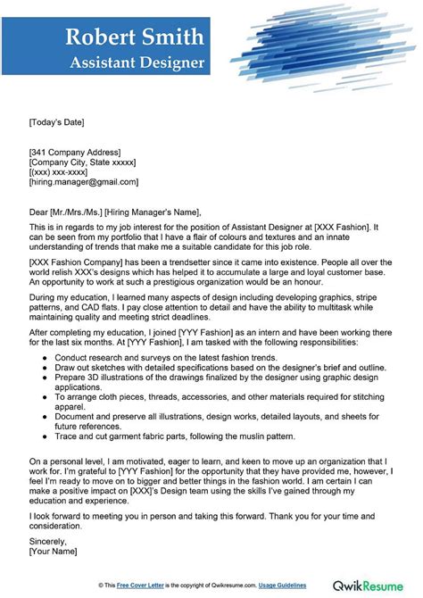 Assistant Designer Cover Letter Examples Qwikresume