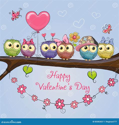 Valentines Card With Cute Owls Stock Vector Illustration Of Flowers