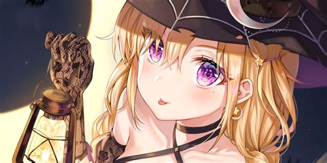Wallpaper Anime Girls Blonde Purple Eyes Hat Halloween 3000x1500