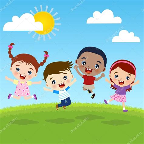 Multicultural Children Jumping On Hill — Stock Vector © Pauljune 13348161