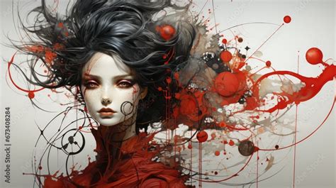 A Digital Painting Of A Womans Face With Red And Black Paint Splatters