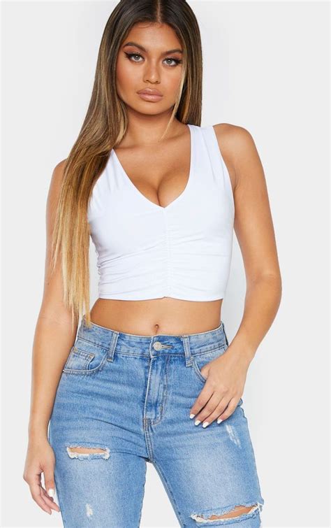 White Slinky Ruched Front V Neck Crop Top In 2020 Neck Crop Top Cute