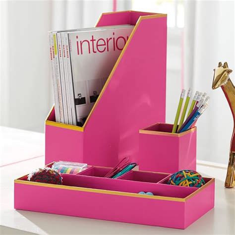 Printed Paper Desk Accessories Set Solid Pink With Gold