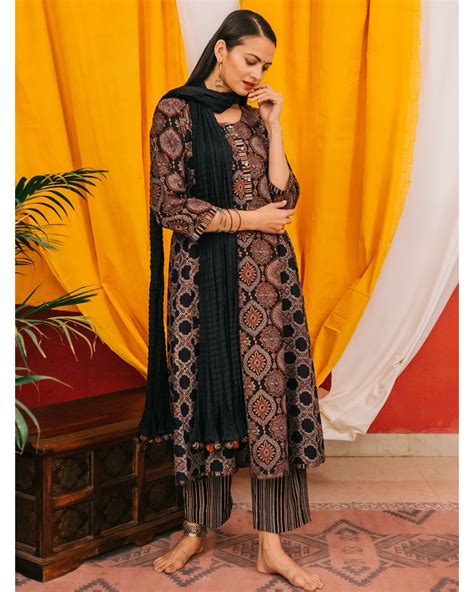 Ajrakh Black Paneled Anarkali With Printed Pants Set Of Two By